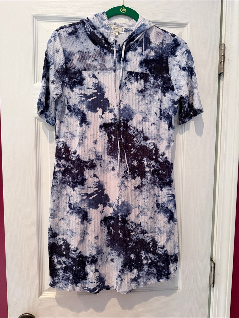 Tie-Dye Short Sleeve Hooded Mini Dress - Navy/White